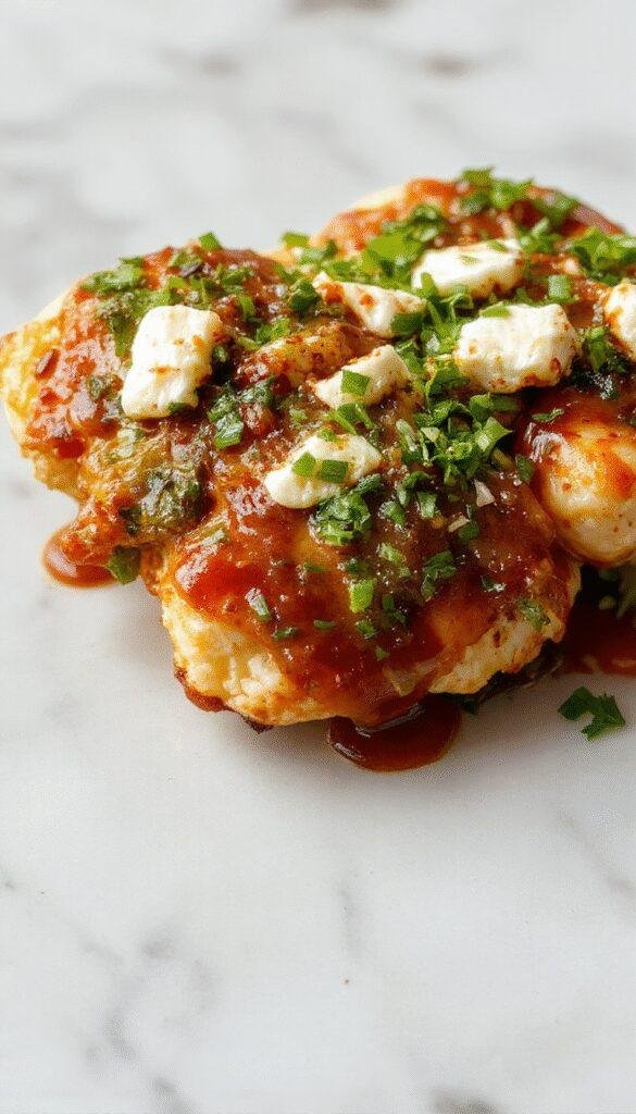 A vibrant plate of Quick & Zesty Feta Chicken garnished with fresh herbs, showing golden-brown chicken pieces topped with crumbled feta and spicy peppers.