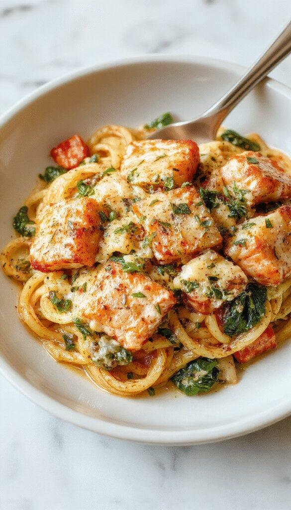 A vibrant plate of creamy salmon spinach pasta featuring flaky salmon fillets atop a bed of al dente spaghetti coated in a rich, creamy sauce. Fresh spinach leaves add a bright green contrast, garnished with sprinkle of grated cheese and cracked black pepper. The dish is elegantly plated on a white ceramic plate, with golden salmon pieces and glossy sauce creating an appetizing scene.