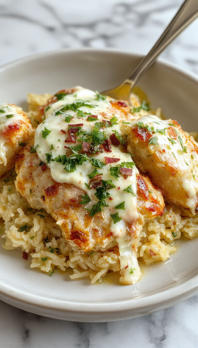 A vibrant plate featuring fluffy white rice topped with tender shredded chicken, creamy green tzatziki drizzled generously, garnished with fresh herbs and a lemon wedge, styled on a rustic plate with colorful vegetables on the side, highlighting textures and fresh ingredients.