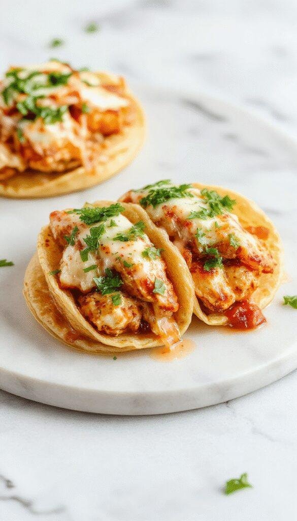 Colorful mini chicken tacos arranged on a white plate with crisp golden shells filled with seasoned chicken, fresh lettuce, shredded cheese, and a drizzle of sauce. The tacos are garnished with chopped cilantro and lime slices, creating an inviting and appetizing display with vibrant reds, greens, and yellows.