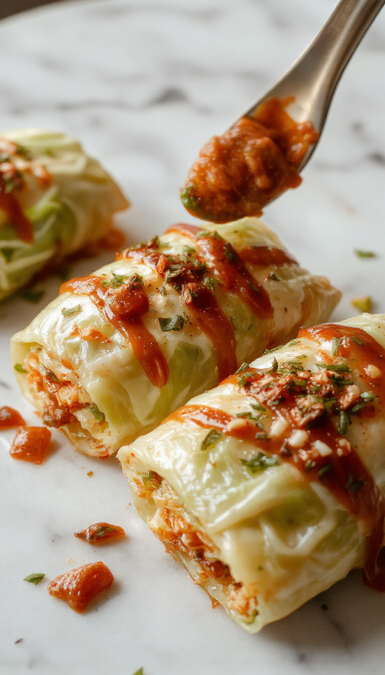 A vibrant plate featuring neatly rolled cabbage rolls with golden browned edges, topped with fresh herbs, served with a side of tangy tomato sauce, showcasing layers of tender cabbage and savory filling on a rustic wooden table.