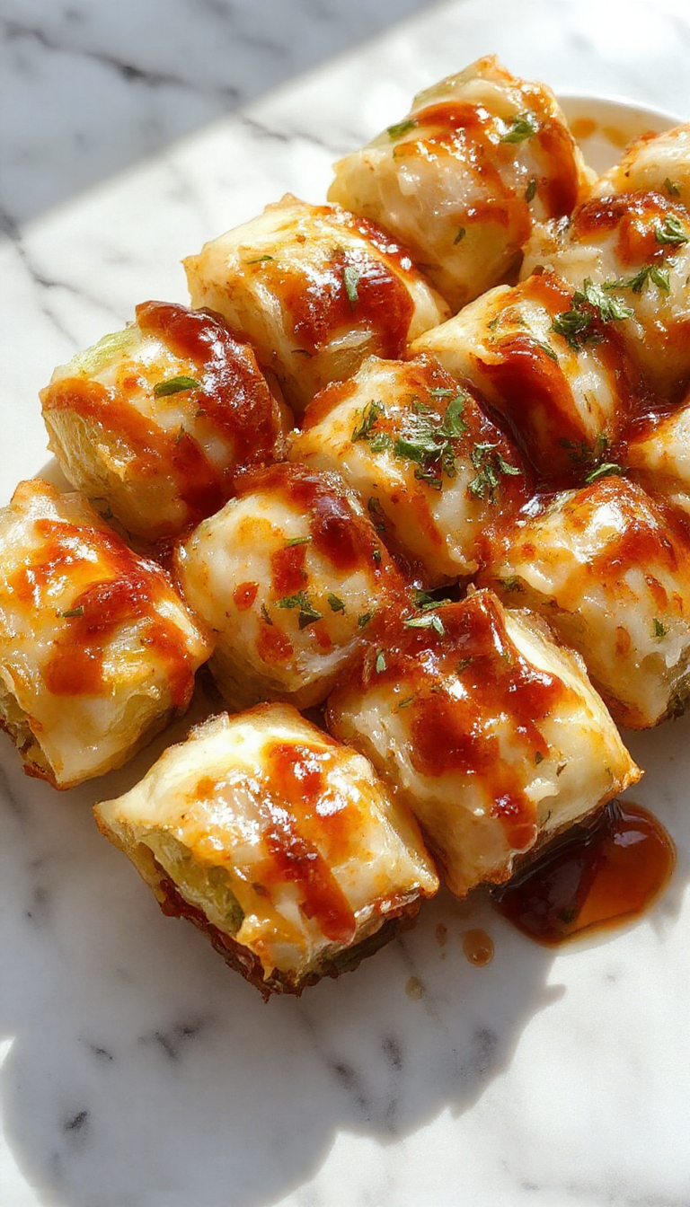 A vibrant image of neatly arranged cabbage rolls on a rustic wooden plate, golden-brown and topped with fresh herbs, with a side of tangy tomato sauce, showcasing textured cabbage leaves and a colorful garnish.