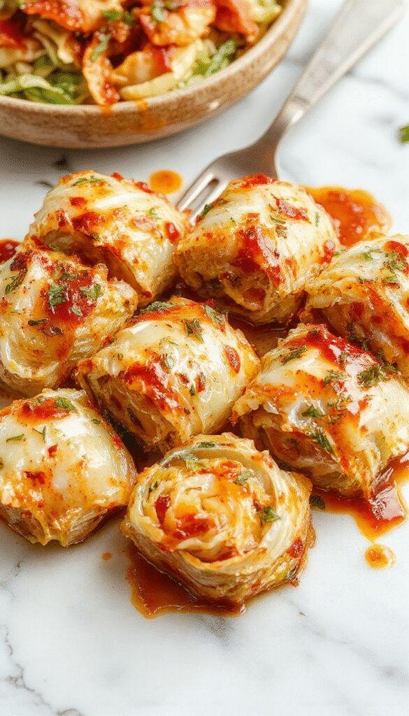 A vibrant plate featuring rolled cabbage leaves filled with a hearty mixture of rice and ground meat, topped with melted cheese and garnished with fresh herbs. The dish is beautifully plated on a rustic wooden table, with a side of fresh salad, showcasing bright green cabbage and colorful vegetables, all styled attractively for a home-cooked yet elegant presentation.