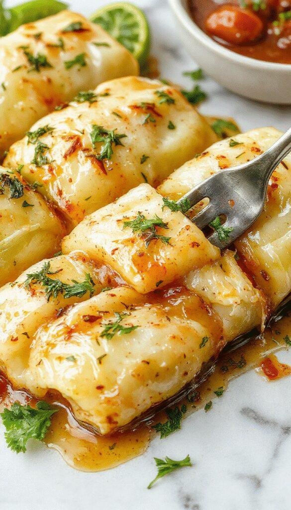 A vibrant plate featuring neatly rolled cabbage leaves filled with seasoned meat and rice, garnished with fresh parsley. The rolls are golden-brown with a glossy finish, served on a rustic white plate with a side of tomato sauce, surrounded by colorful vegetables and herbs, showcasing a comforting and appetizing presentation.
