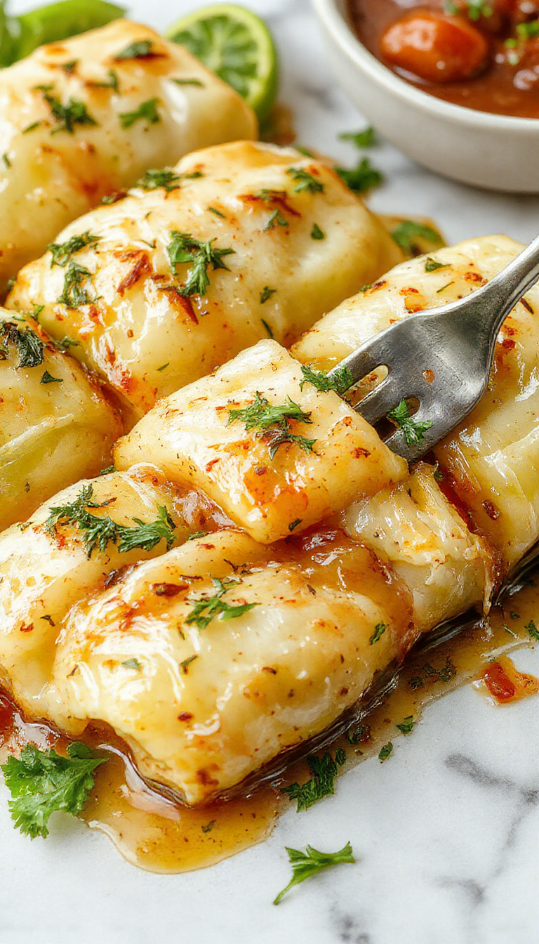 A vibrant plate featuring neatly rolled cabbage leaves filled with seasoned meat and rice, garnished with fresh parsley. The rolls are golden-brown with a glossy finish, served on a rustic white plate with a side of tomato sauce, surrounded by colorful vegetables and herbs, showcasing a comforting and appetizing presentation.
