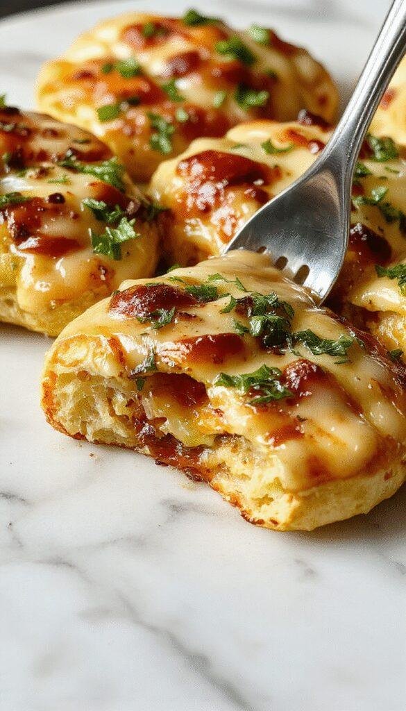 A colorful plate featuring mini deep dish crescent roll pizzas with crispy golden edges, topped with melted cheese, pepperoni slices, and fresh green herbs, styled on a rustic wooden board with vibrant background accents.