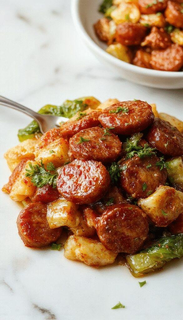 A vibrant plate showcasing golden-brown sausage slices and crisp, emerald-green cabbage strips tossed in a glossy stir-fry sauce, garnished with chopped green onions on a rustic wooden table.