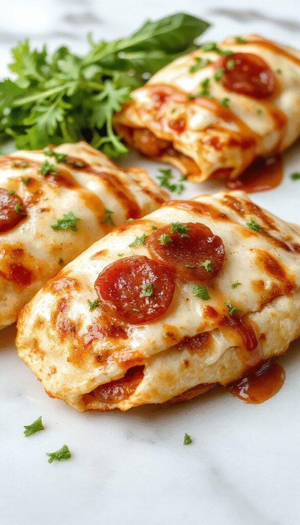 A close-up of a golden-brown pizzadilla filled with melted cheese and sliced pepperoni, slightly cut open to reveal gooey cheese and crispy edges, styled on a rustic wooden plate with a sprinkle of fresh herbs and a side of marinara sauce.