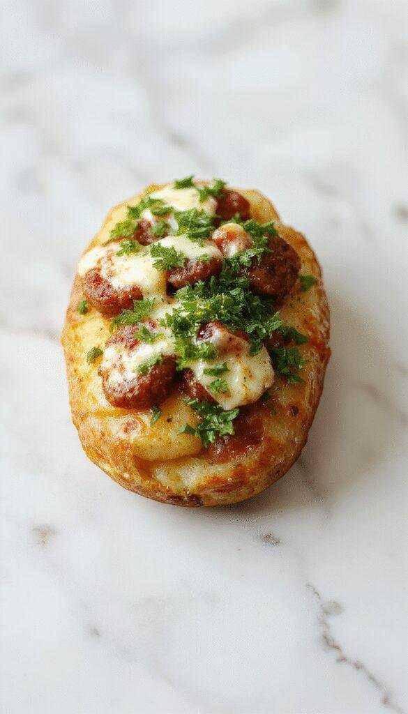 A hearty casserole dish featuring sliced potatoes, savory sausage, and creamy ranch topping garnished with fresh herbs, ready to serve.