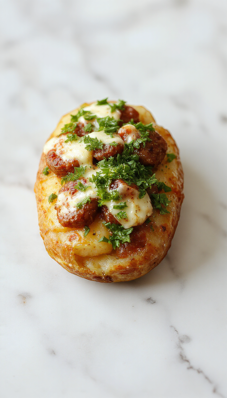 A hearty casserole dish featuring sliced potatoes, savory sausage, and creamy ranch topping garnished with fresh herbs, ready to serve.