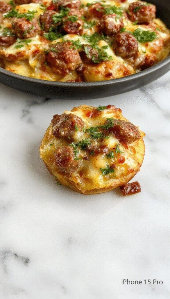 A hearty Ranch & Sausage Potato Bake in a baking dish, topped with melted cheese and garnished with fresh herbs, served alongside a green salad.