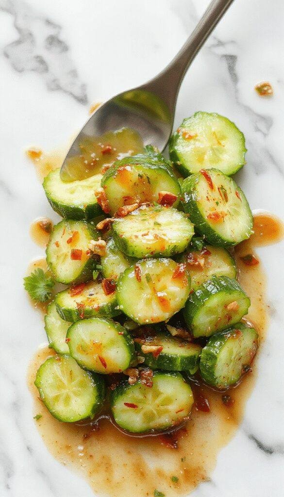 A vibrant bowl of Asian cucumber salad featuring thinly sliced crisp cucumbers topped with red pepper flakes, chopped fresh herbs, and sesame seeds, dressed in a glossy, tangy vinaigrette, all presented on a rustic wooden platter with colorful chopsticks nearby