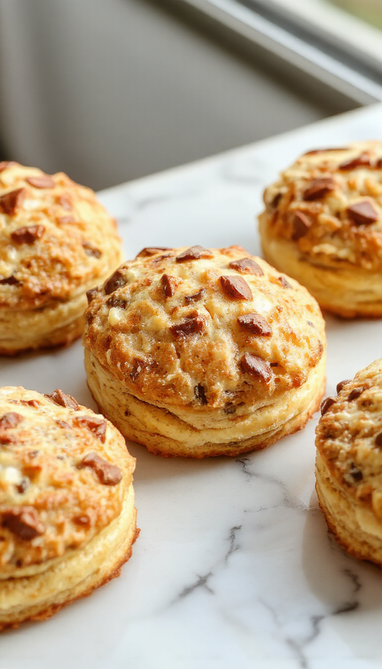 Golden, freshly baked protein-packed morning biscuits on a rustic wooden table, with a glass of milk and fresh fruit nearby.