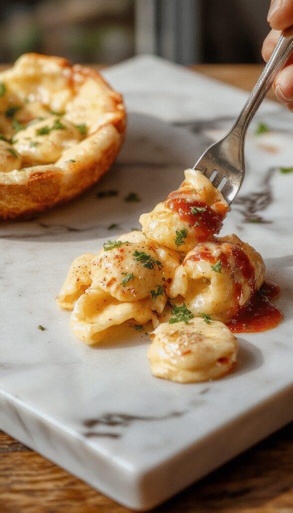 A vibrant plate of golden tortellini pasta topped with fresh basil and Parmesan cheese, garnished with cherry tomatoes and drizzled with a creamy sauce on a white ceramic plate, with a rustic wooden table background.