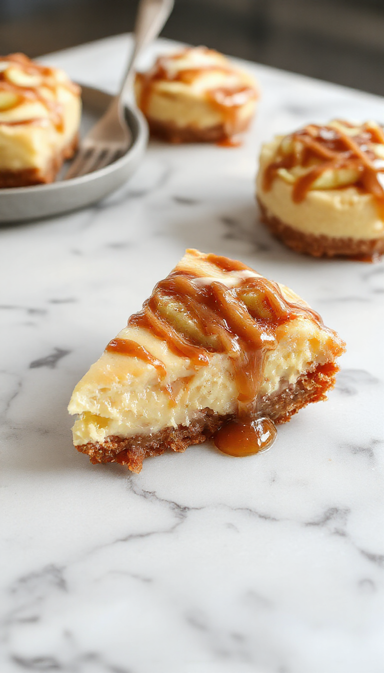A rich, creamy cheesecake topped with caramel drizzle, sliced apples, and a sprinkle of sea salt. The plate showcases a golden graham cracker crust with a smooth, swirled caramel layer, garnished with fresh apple slices and caramel sauce artfully drizzled. Vibrant colors of caramel gold, red apple slices, and creamy cheesecake create an inviting, decadent presentation with a rustic touch.