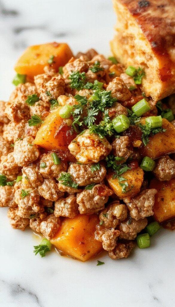 Colorful ground turkey and sweet potato bake served in a rustic white dish, topped with fresh herbs. The dish showcases tender sweet potato chunks and seasoned ground turkey, with a caramelized golden-brown crust.