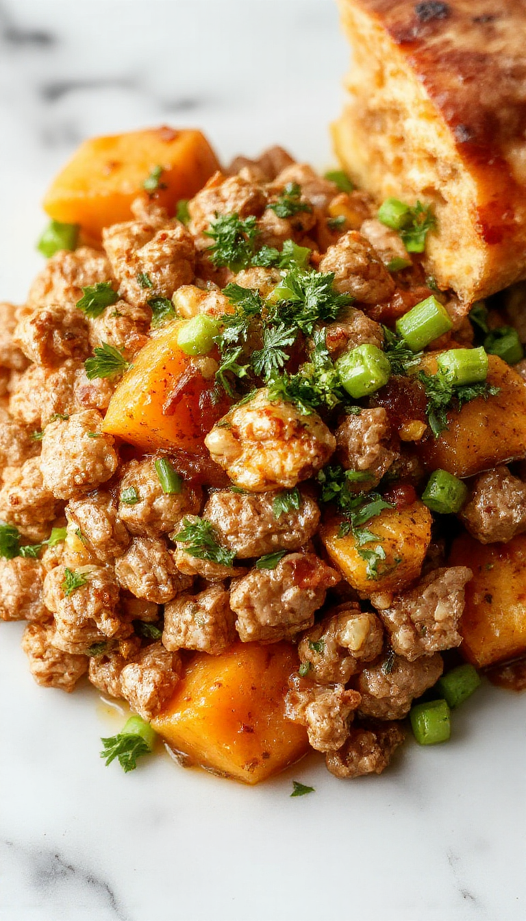 Colorful ground turkey and sweet potato bake served in a rustic white dish, topped with fresh herbs. The dish showcases tender sweet potato chunks and seasoned ground turkey, with a caramelized golden-brown crust.