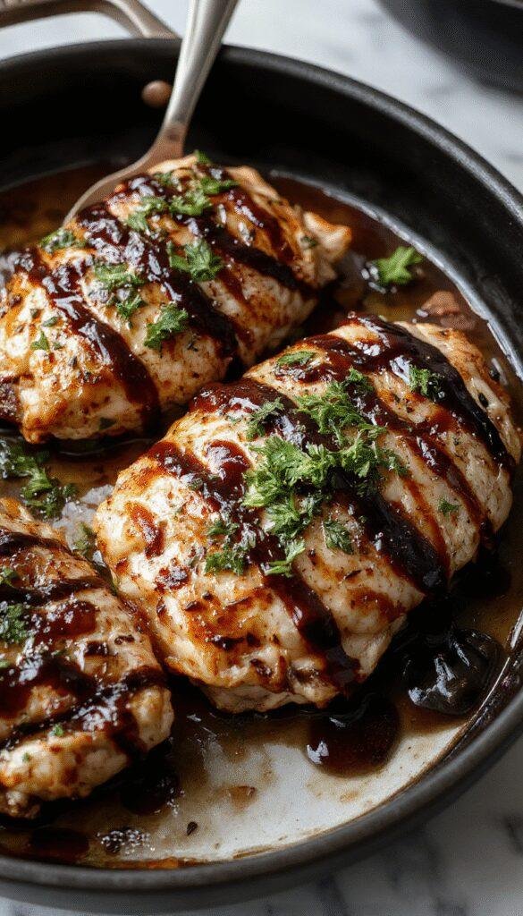 Colorful skillet of succulent balsamic chicken cooked to golden brown, glazed with shiny balsamic reduction, garnished with fresh herbs, served on a rustic plate with vibrant side vegetables, creating an appealing and hearty dish.