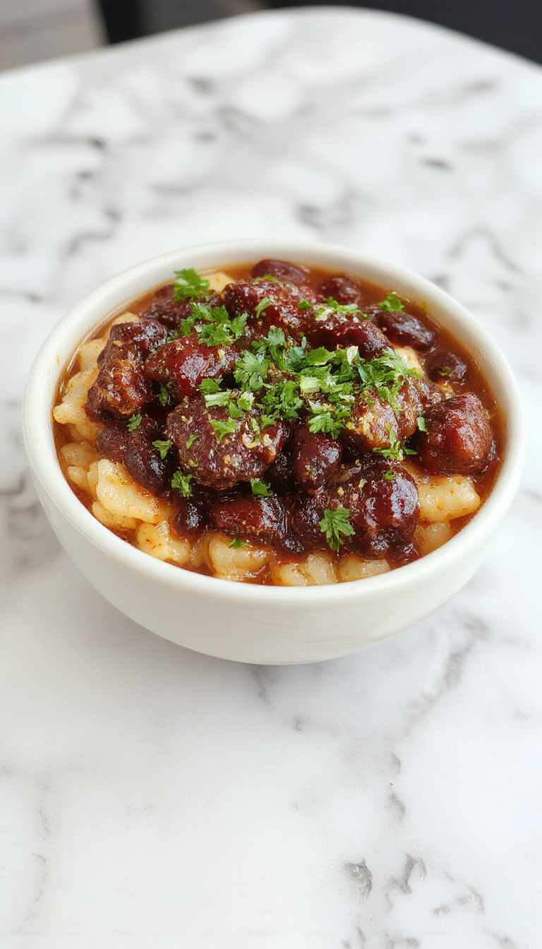 A vibrant plate featuring fluffy white rice topped with rich, dark black beans, slices of cooked sausage with crispy edges, garnished with chopped cilantro and a wedge of lime. The dish is presented on a rustic wooden table, showcasing textures of tender beans, perfectly seasoned sausage, and fluffy grains, styled with fresh herbs for a colorful, appetizing look.