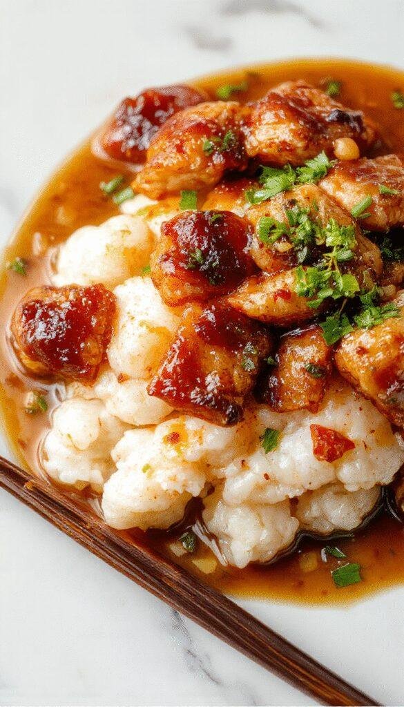 Vibrant close-up of caramelised soy chicken pieces glazed with a shiny, rich sauce, nestled on a bed of steamed fluffy rice. The dish is beautifully plated on a rustic white plate, garnished with fresh garlic slices, minced ginger, and chopped green onions. The golden-brown chicken contrasts with the clear, fragrant broth, with a side of vibrant vegetables and herbs adding color and texture, styled in a cozy, inviting kitchen setting.