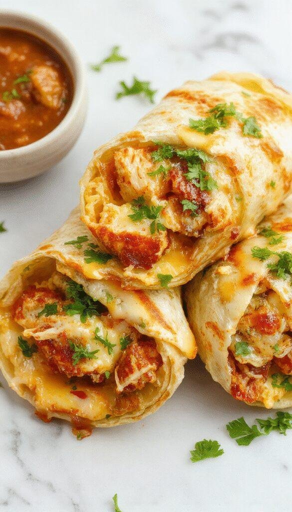 Colorful chicken wraps filled with melted cheese, sliced garlic, and fresh herbs, elegantly arranged on a rustic wooden platter with a vibrant backdrop, creating an inviting and appetizing scene with crispy and tender textures highlighted.