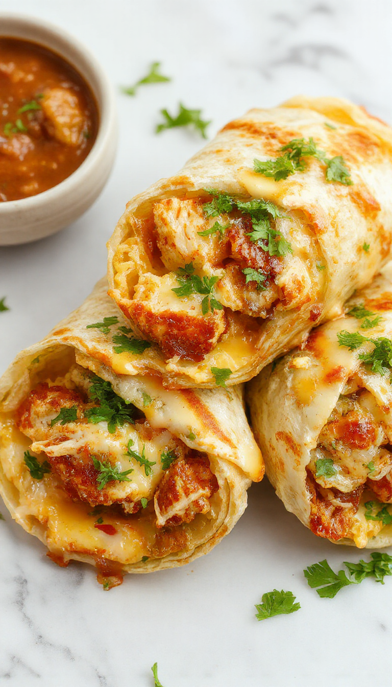 Colorful chicken wraps filled with melted cheese, sliced garlic, and fresh herbs, elegantly arranged on a rustic wooden platter with a vibrant backdrop, creating an inviting and appetizing scene with crispy and tender textures highlighted.