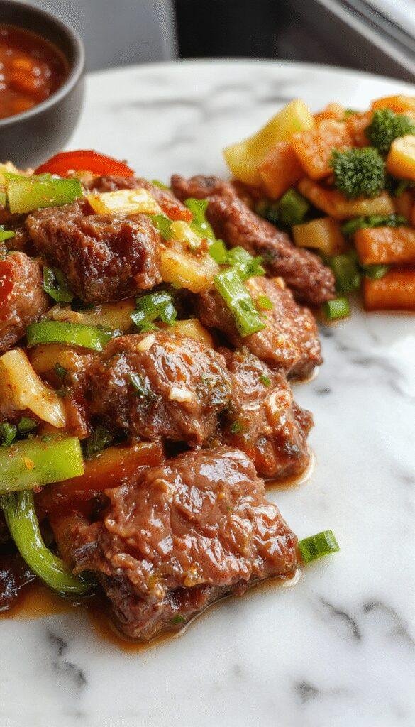 A colorful plate of Korean beef stir fry showcasing thinly sliced beef glazed with a glossy, savory sauce, topped with chopped green onions, served on a white oval platter with stir-fried bell peppers, broccoli, and carrots, garnished with sesame seeds and styled with chopsticks on the side.