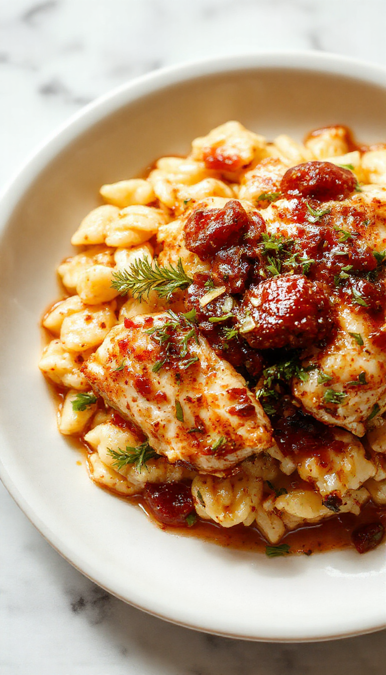 A vibrant plate featuring tender chicken chunks cooked in rich marsala wine, nestled amongst flavorful orzo pasta with golden-brown seared edges. Garnished with fresh herbs and served on a rustic white plate with a glossy sauce, the dish exudes warmth and sophistication. Surrounded by scattered herbs and a glass of wine in the background, creating an inviting culinary scene.