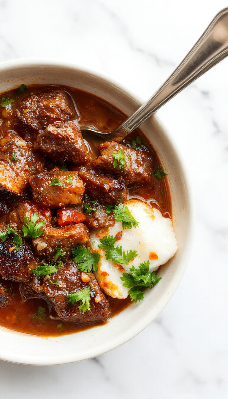 A vibrant bowl of beef coconut curry showcasing tender beef chunks immersed in a rich, creamy coconut sauce with bright orange carrots, green peas, and red bell peppers, garnished with fresh cilantro, served on a rustic wooden platter with a side of steamed rice.