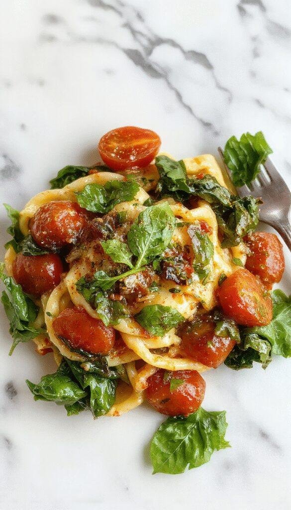 A vibrant plate of spinach tomato pasta featuring bright green spinach leaves mixed with juicy red cherry tomatoes, topped with grated cheese and fresh herbs, served on a rustic white plate with a fork on the side, set against a wooden table background with natural lighting highlighting the textures and colors.