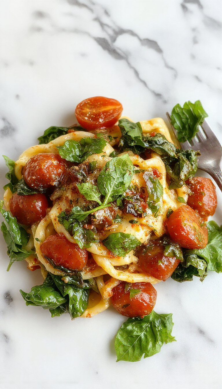 A vibrant plate of spinach tomato pasta featuring bright green spinach leaves mixed with juicy red cherry tomatoes, topped with grated cheese and fresh herbs, served on a rustic white plate with a fork on the side, set against a wooden table background with natural lighting highlighting the textures and colors.