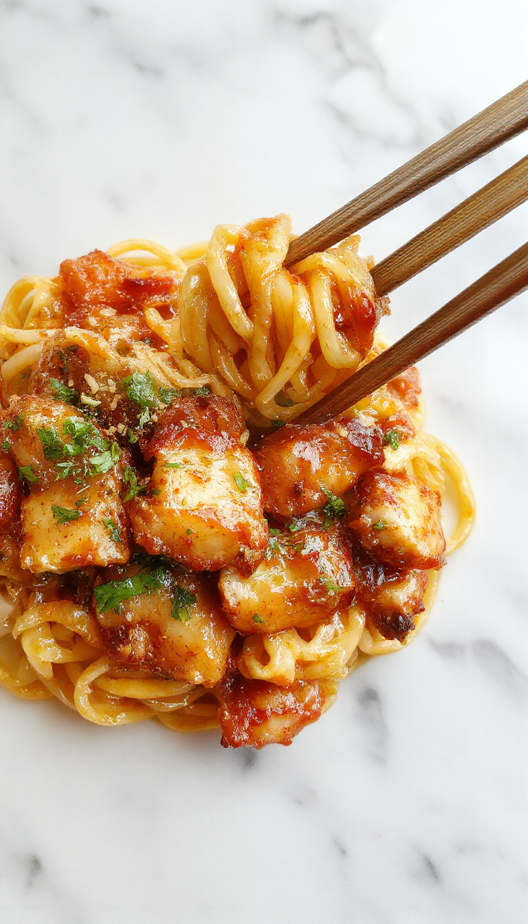 A vibrant plate of golden-brown garlic chicken tossed with glossy, perfectly cooked noodles garnished with chopped green onions and sesame seeds, served on a rustic wooden table with colorful vegetables and a light drizzle of sauce