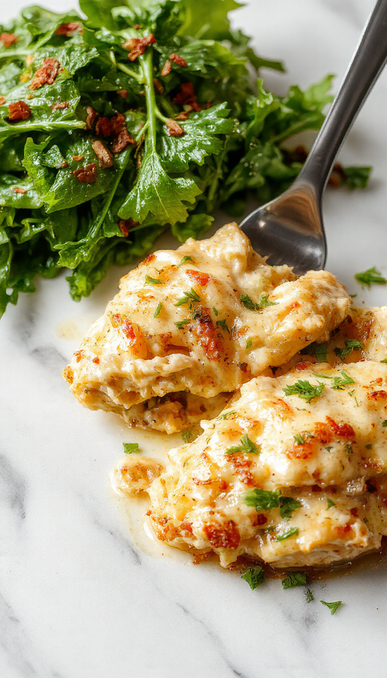Colorful and inviting chicken casserole in a white baking dish topped with melted cheese and chopped herbs, golden brown edges, served on a rustic wooden table with fresh vegetables in the background, showcasing a creamy texture and appetizing appearance.