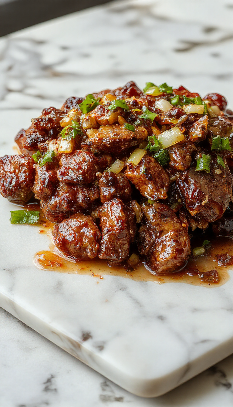 A vibrant sizzling plate of Chinese Pepper Steak topped with sliced green onions, caramelized onions, and red bell peppers, served on a dark skillet with a glossy sauce, steam rising, and colorful garnishes around.