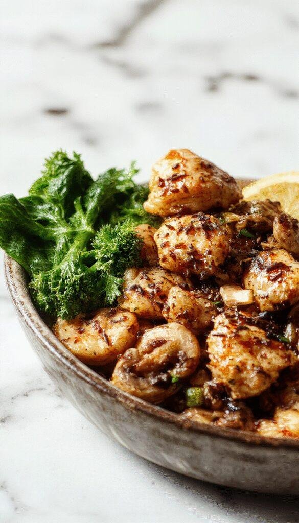 A sizzling skillet showcasing tender black pepper chicken pieces with perfectly cooked mushrooms, garnished with fresh herbs.