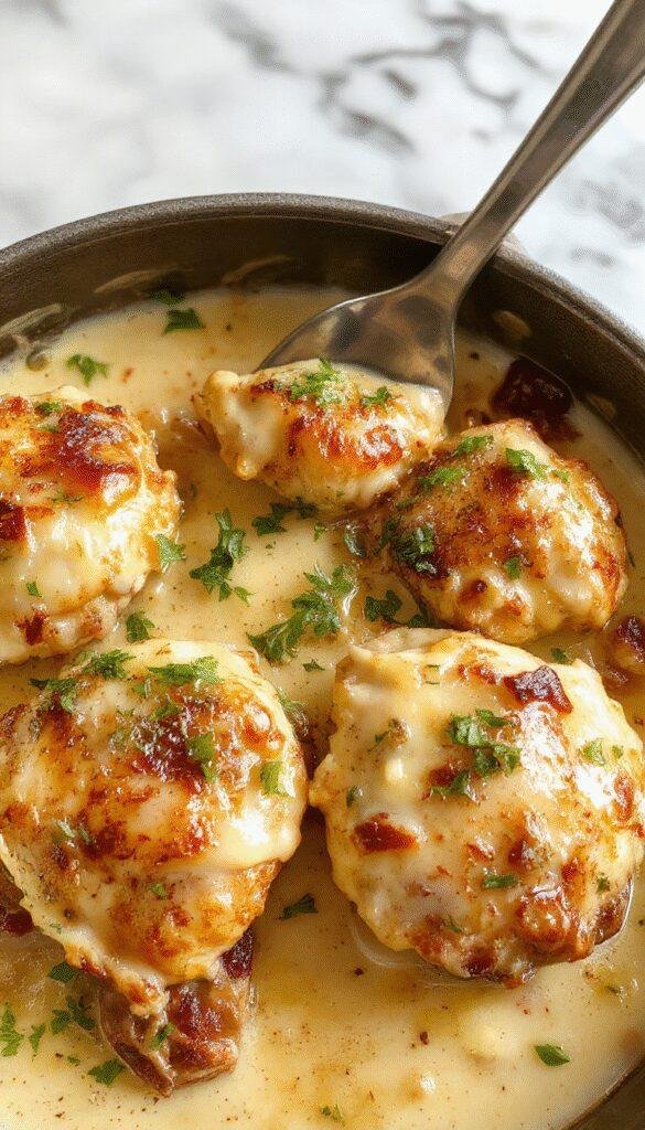 Golden skillet-seared chicken topped with creamy sauce and fresh herbs, served on a rustic wooden plate.