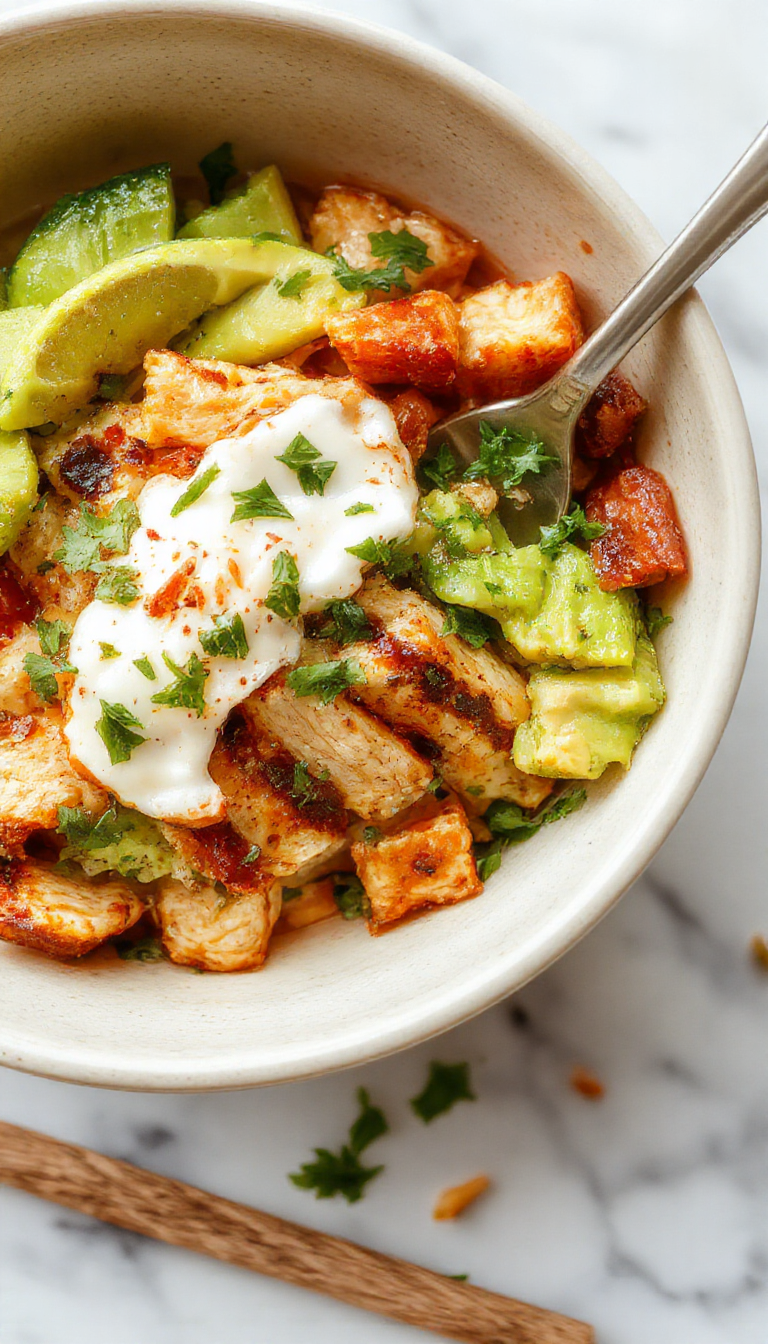 Colorful chicken burrito bowl featuring tender shredded chicken, vibrant diced tomatoes, black beans, corn, fresh cilantro, and creamy avocado slices arranged in a white ceramic bowl with a rustic wooden background and fresh ingredients around, emphasizing textures and fresh flavors.