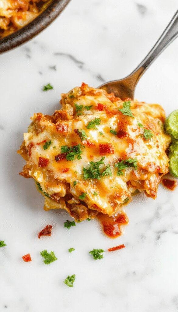 A vibrant dish featuring layered chicken, melted cheese, and rich enchilada sauce in a rustic casserole dish, topped with fresh cilantro and sliced jalapenos, with a side of tortilla chips on a warm wooden table.