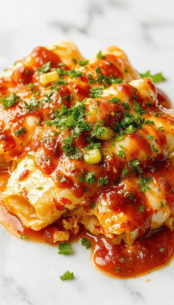 A vibrant plate showcasing shredded chicken enchiladas topped with melted cheese and fresh cilantro, served with a side of colorful salsa and crispy tortilla chips on a rustic wooden table, capturing rich textures and inviting heat.