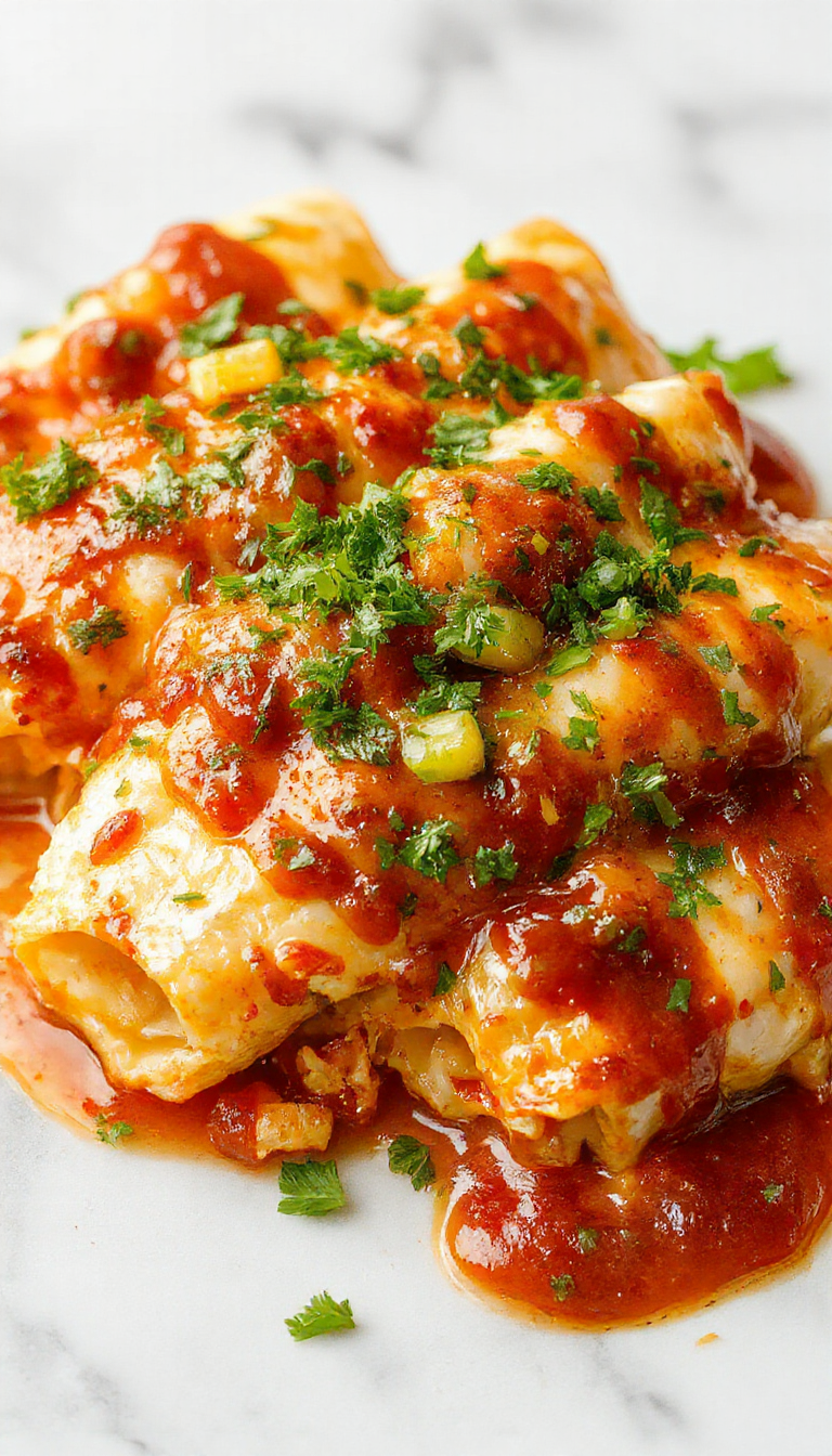 A vibrant plate showcasing shredded chicken enchiladas topped with melted cheese and fresh cilantro, served with a side of colorful salsa and crispy tortilla chips on a rustic wooden table, capturing rich textures and inviting heat.