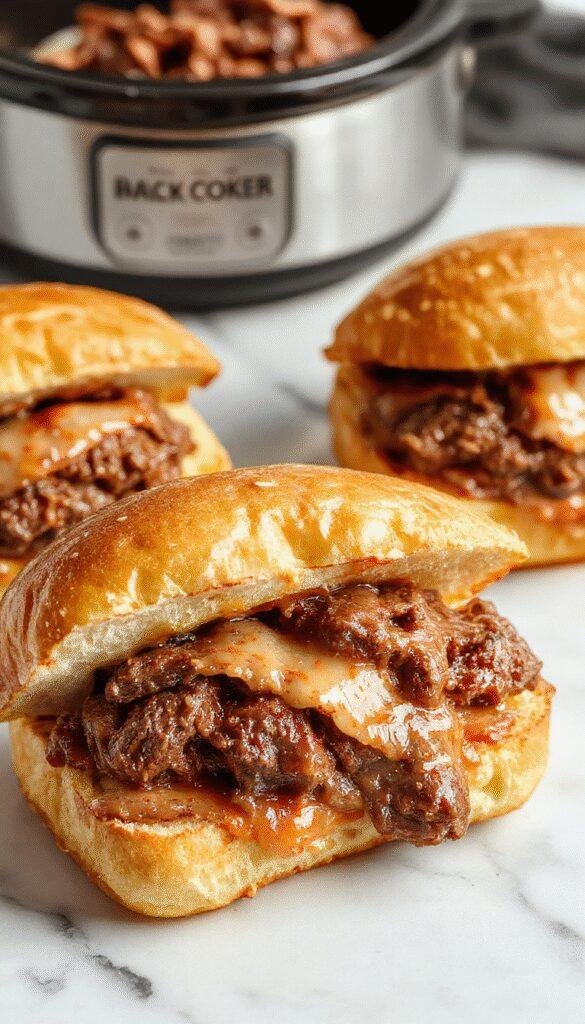 A steaming plate of French dip sandwiches featuring tender sliced roast beef nestled in toasted hoagie buns, topped with melted cheese and served alongside a small bowl of rich au jus for dipping, with vibrant greenery and rustic wooden background emphasizing warmth and comfort.