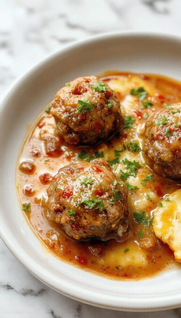 A comforting plate of slow cooker Salisbury steak meatballs garnished with fresh herbs, served alongside mashed potatoes and steamed vegetables.