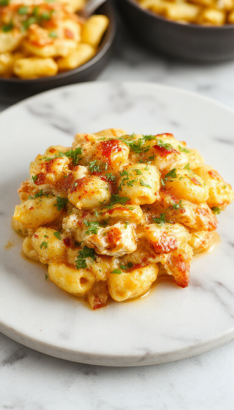 A creamy bowl of Smoky Tangy Chicken Mac and Cheese topped with chopped herbs and smoky paprika, served in a rustic bowl.