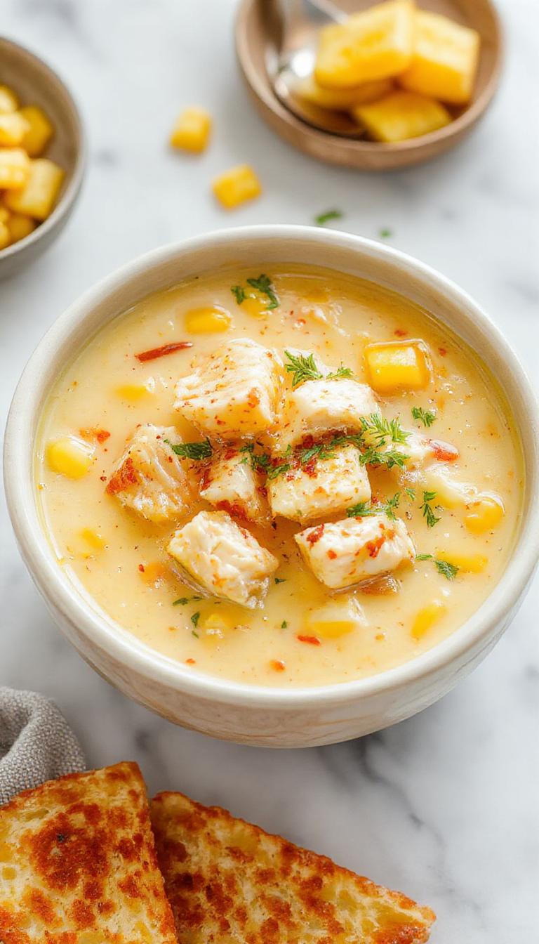 A warm bowl of slow cooker chicken and corn chowder garnished with chopped chives, served with crispy bread on a rustic wooden table.