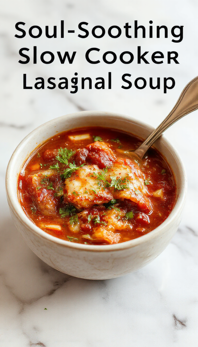 A warm bowl of Soul-Soothing Slow Cooker Lasagna Soup with melted cheese, pasta, and herbs garnished with fresh basil on a rustic table.