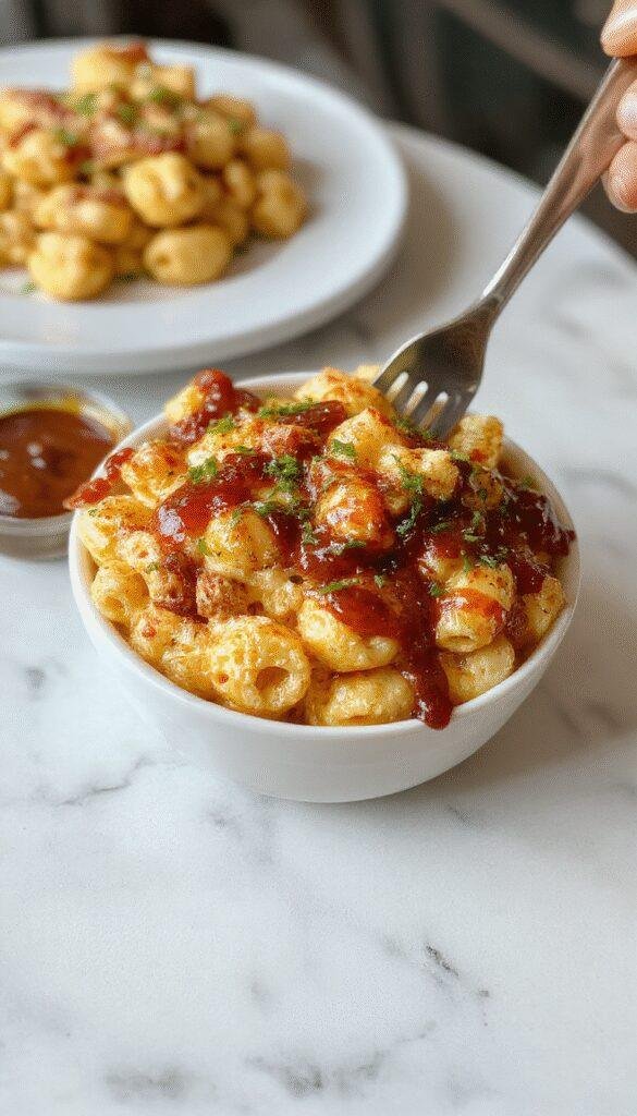 A delicious plate of creamy BBQ chicken mac and cheese topped with melted cheese and sprinkled with herbs, served on a rustic wooden table.