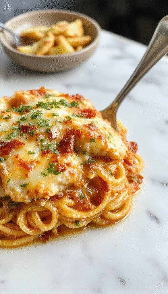 A delicious Southern Comfort Zesty Chicken Spaghetti Bake served in a colorful casserole dish, topped with melted cheese and fresh herbs.