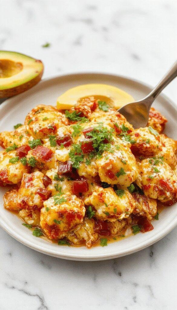 A vibrant skillet filled with golden-brown chicken pieces topped with melted cheddar cheese, colorful bell peppers, and cilantro garnishes, all presented on a rustic wooden table with a side of fresh lime wedges and warm tortillas, highlighting textures from crispy chicken to gooey cheese and crisp vegetables.