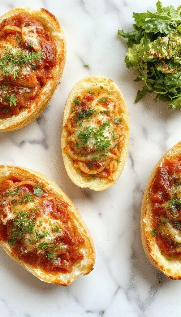 A vibrant plate of spaghetti served inside garlic bread boats, garnished with fresh herbs and a side of colorful vegetables.