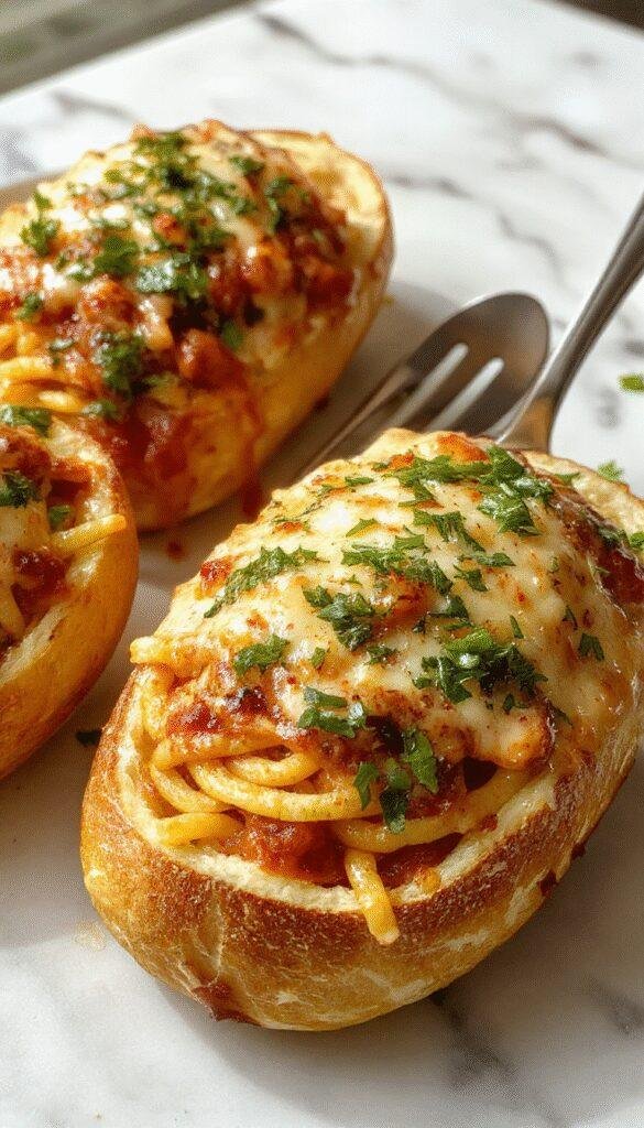 A close-up image of spaghetti stuffed inside crispy garlic bread boats, garnished with fresh herbs and melted cheese.